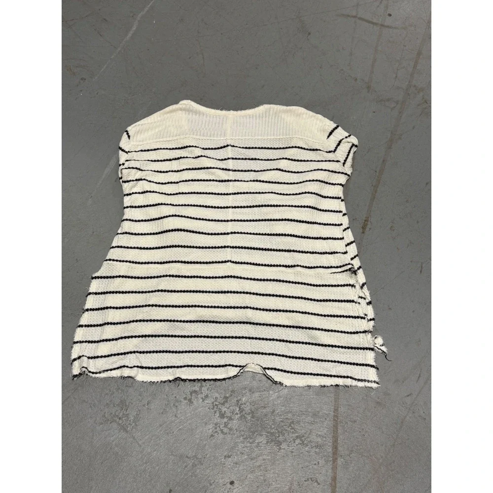 Free People We The Free Striped Thermal V-Neck Top Cream Black XS Waffle Knit
